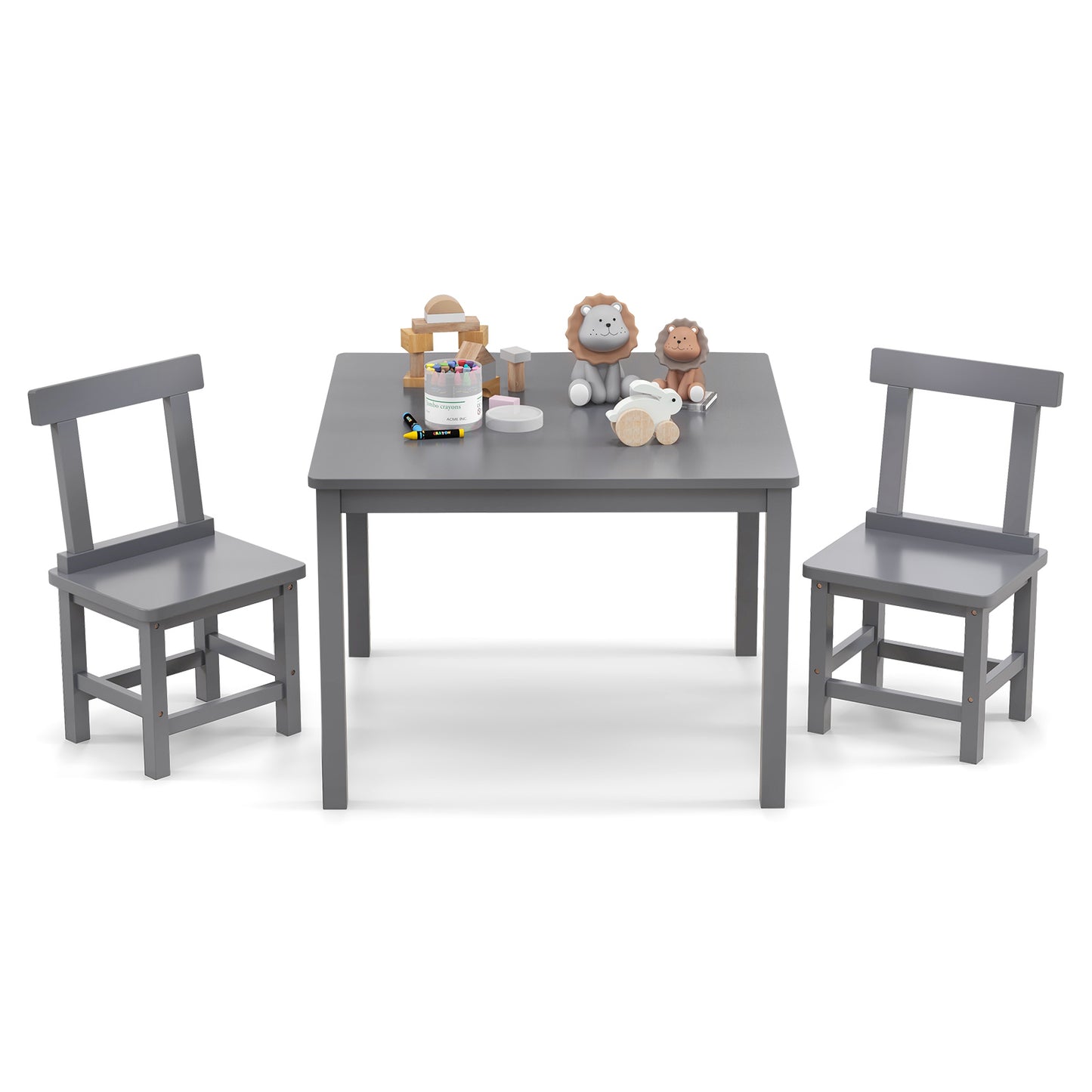 Wooden Kids Table and 2 Chairs Set with Anti-slip Foot Pads-Gray Kids Crystal