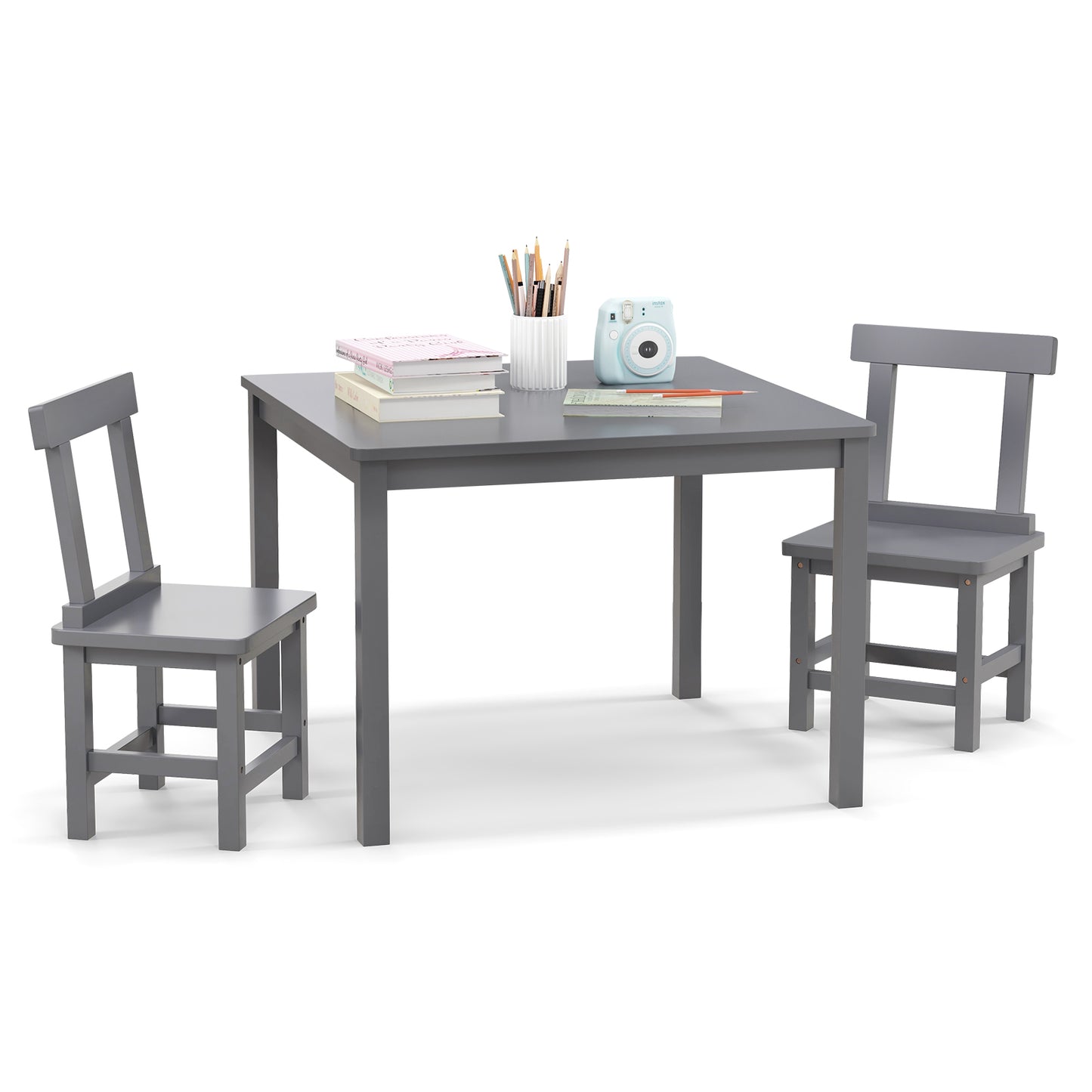 Wooden Kids Table and 2 Chairs Set with Anti-slip Foot Pads-Gray Kids Crystal