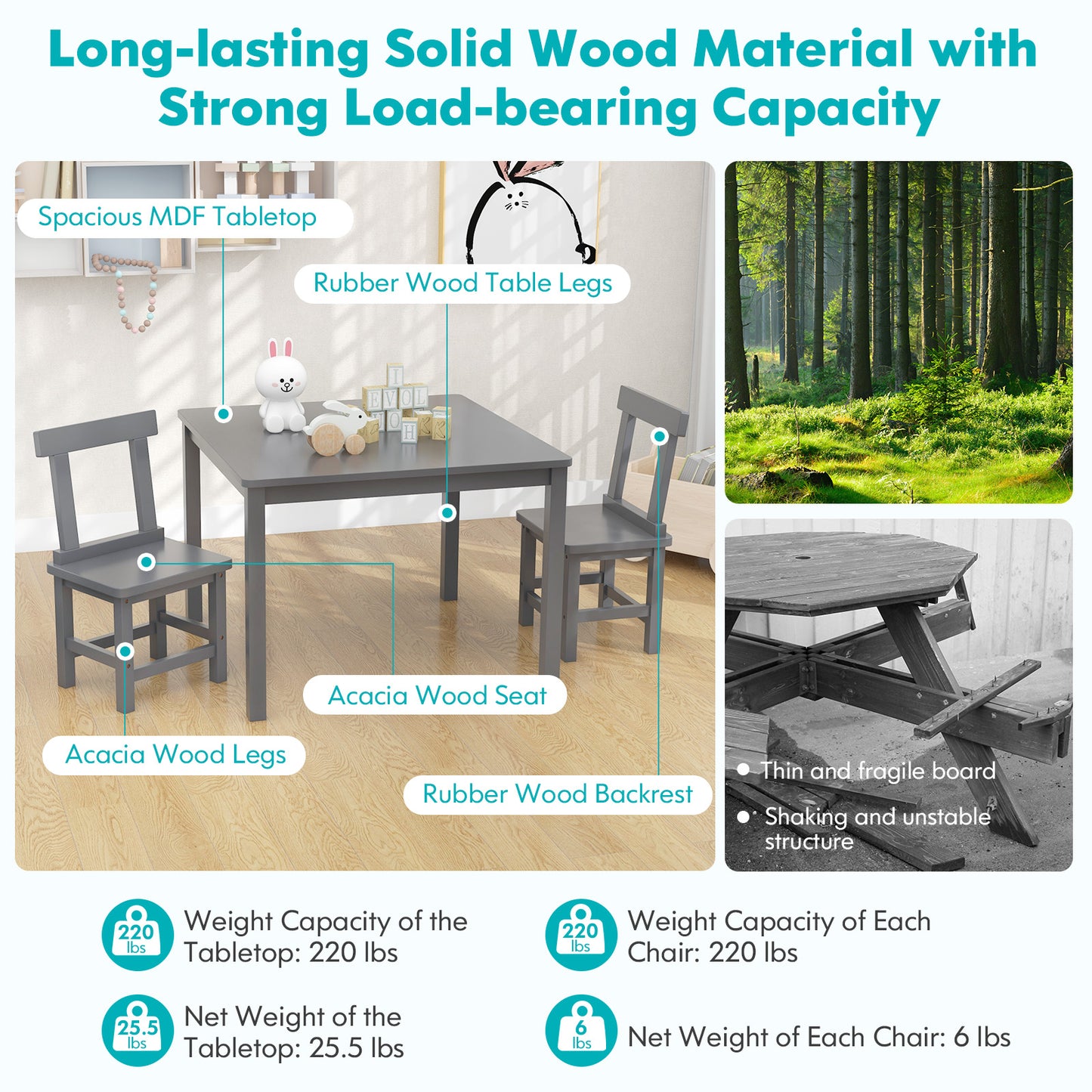 Wooden Kids Table and 2 Chairs Set with Anti-slip Foot Pads-Gray Kids Crystal