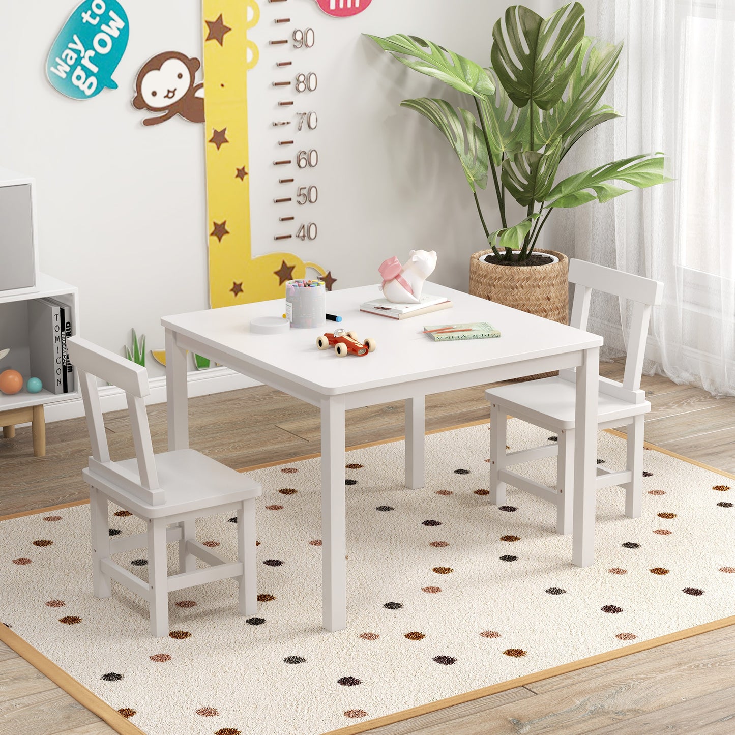 Wooden Kids Table and 2 Chairs Set with Anti-slip Foot Pads-White Kids Crystal