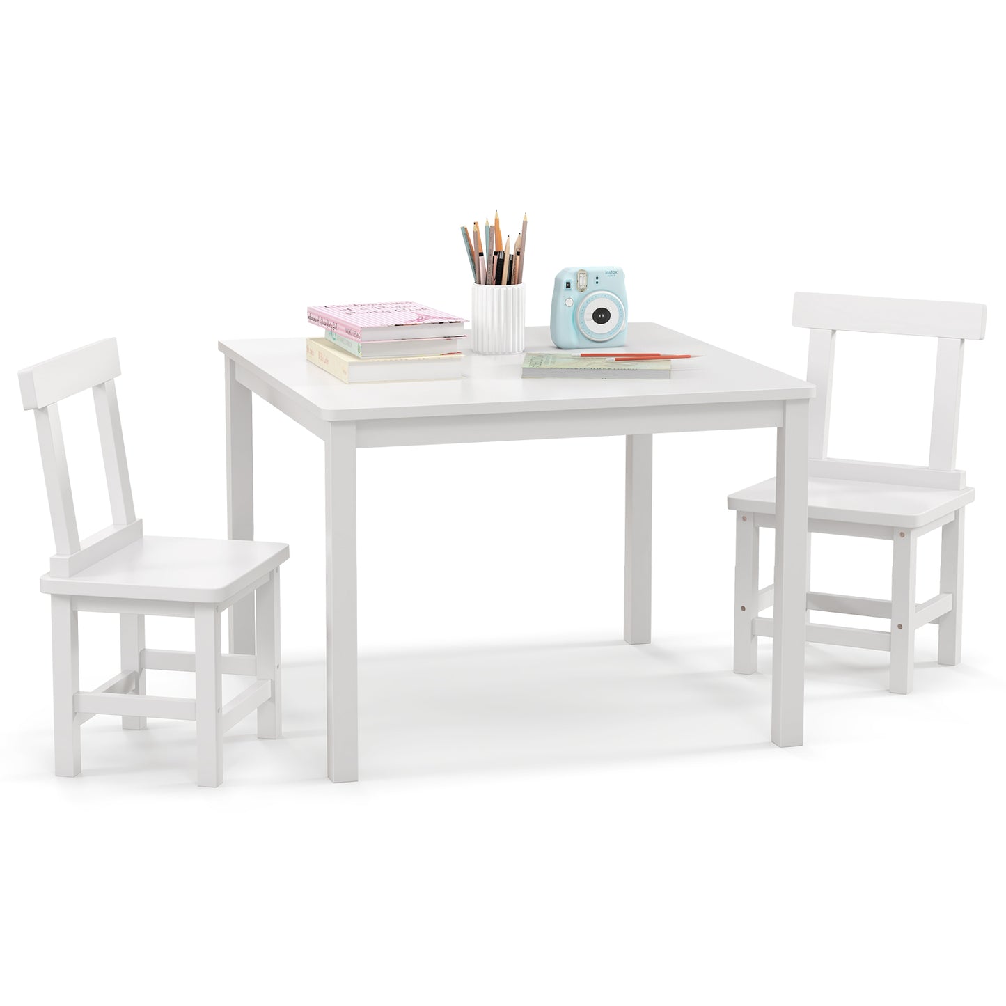 Wooden Kids Table and 2 Chairs Set with Anti-slip Foot Pads-White Kids Crystal