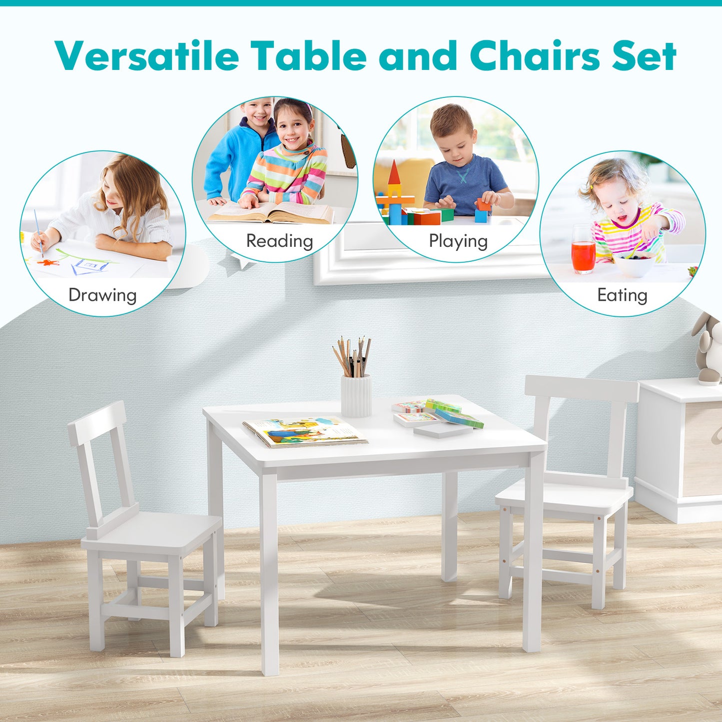Wooden Kids Table and 2 Chairs Set with Anti-slip Foot Pads-White Kids Crystal