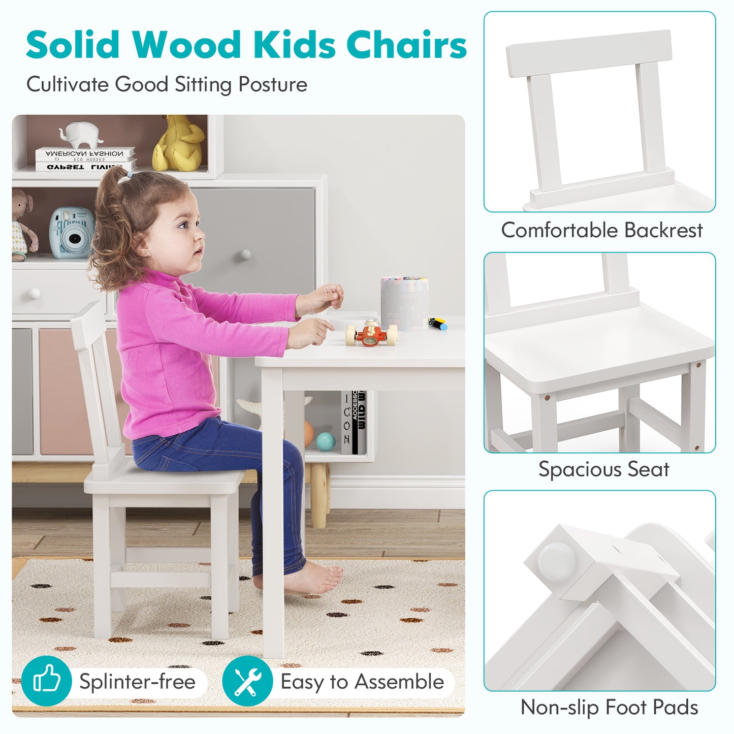 Wooden Kids Table and 2 Chairs Set with Anti-slip Foot Pads-White Kids Crystal