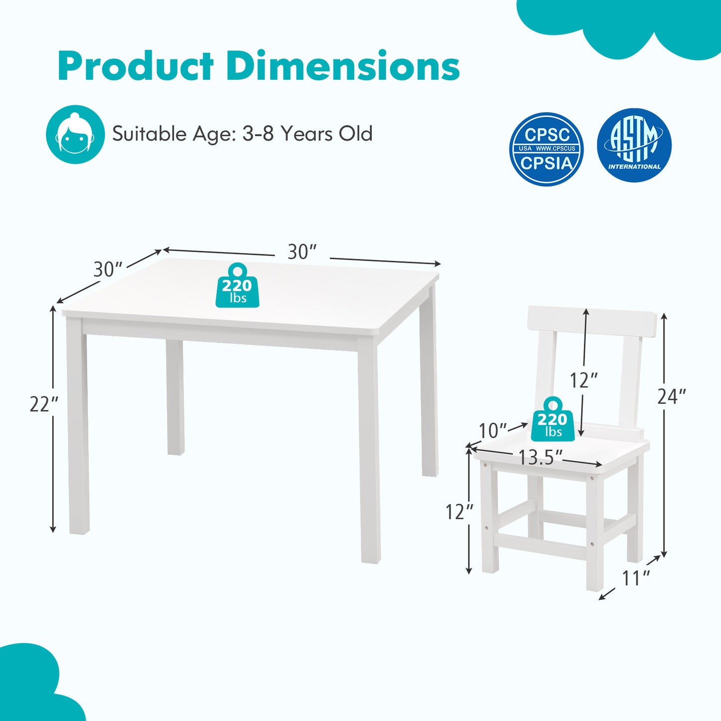 Wooden Kids Table and 2 Chairs Set with Anti-slip Foot Pads-White Kids Crystal