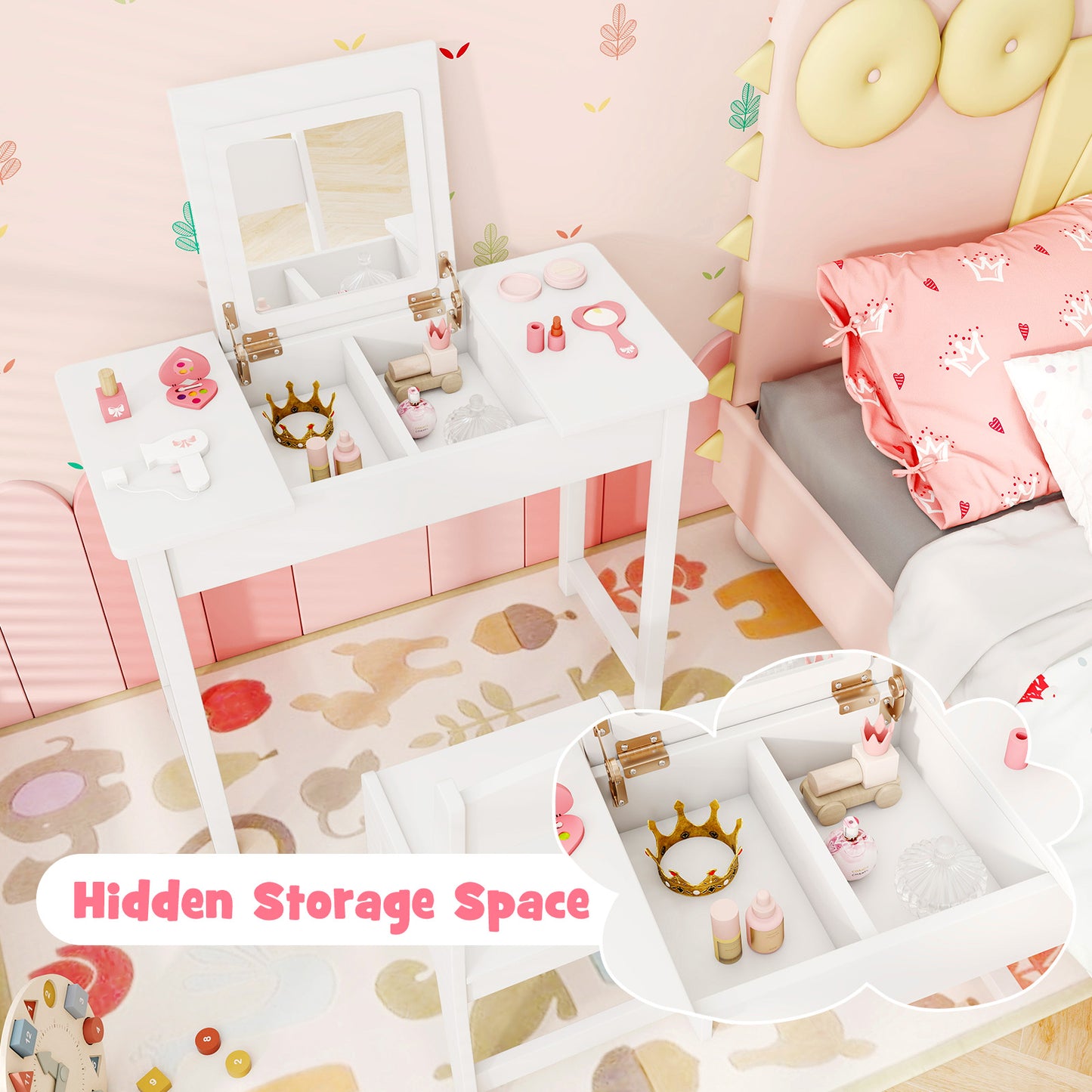 2-in-1 Kids Vanity Makeup Table and Chair Set with Flip Top Mirror-White Kids Crystal