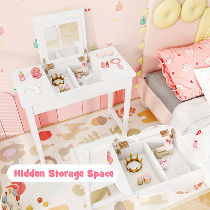 2-in-1 Kids Vanity Makeup Table and Chair Set with Flip Top Mirror-White