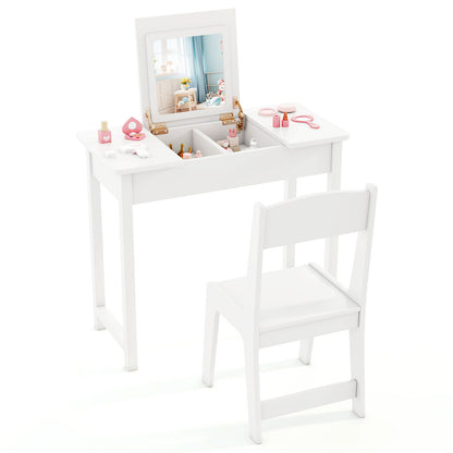 2-in-1 Kids Vanity Makeup Table and Chair Set with Flip Top Mirror-White