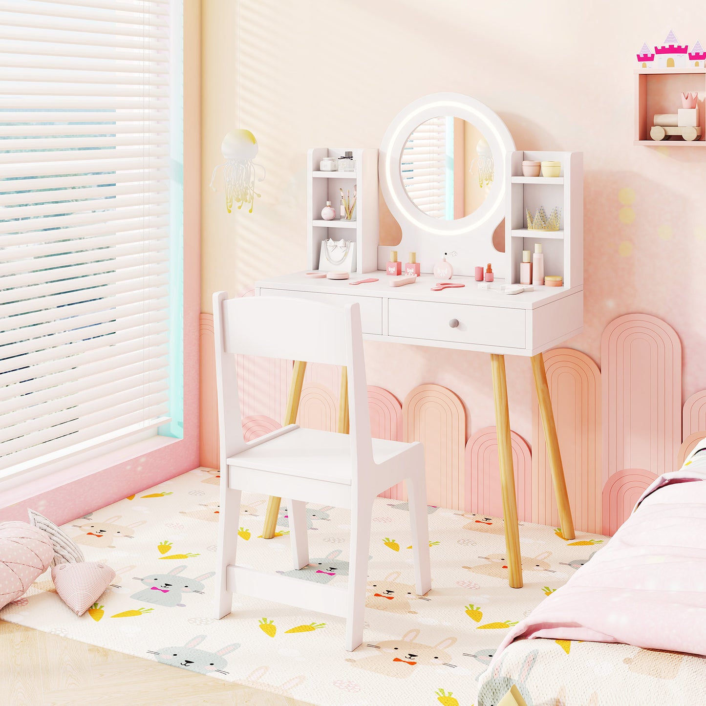 Kids Vanity Set with Lighted Mirror and Storage Drawers-White Kids Crystal