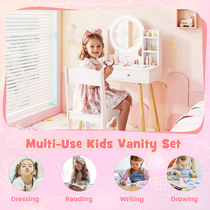 Kids Vanity Set with Lighted Mirror and Storage Drawers-White