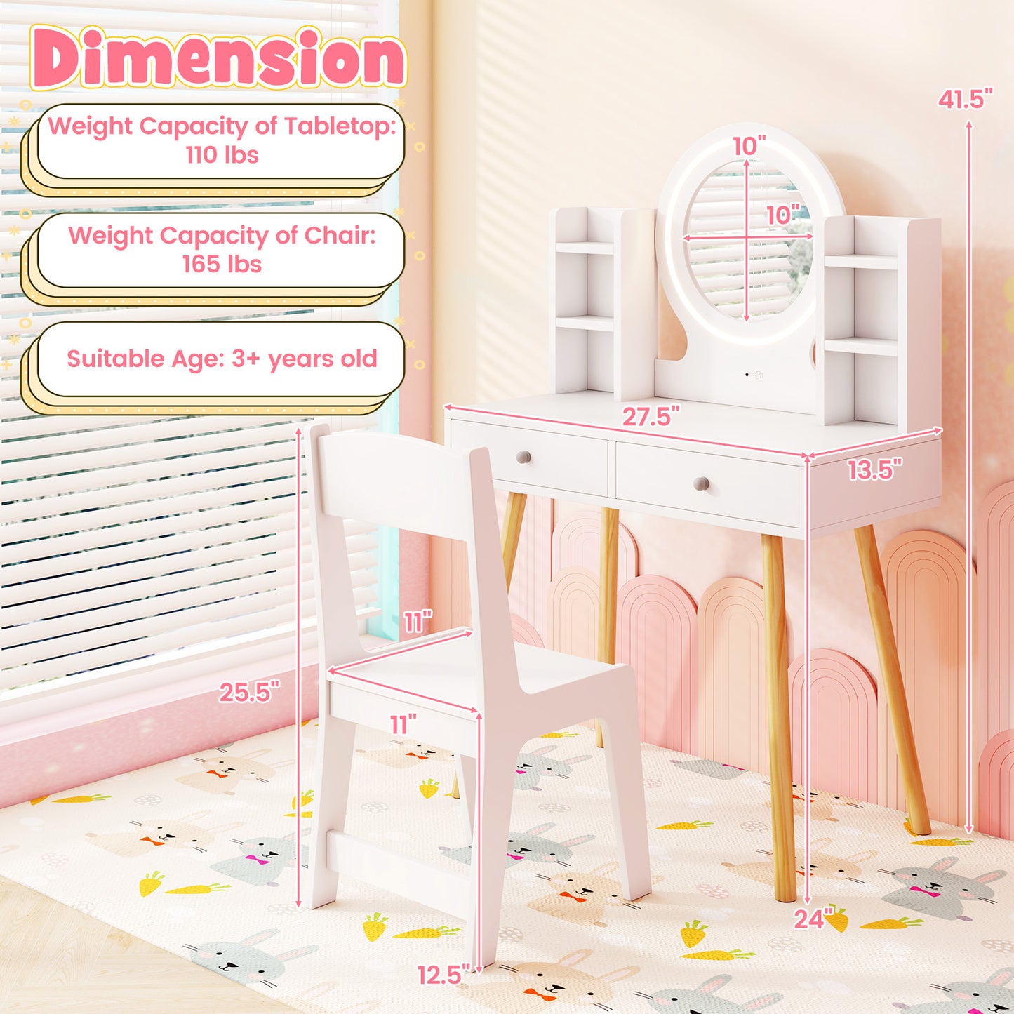 Kids Vanity Set with Lighted Mirror and Storage Drawers-White Kids Crystal