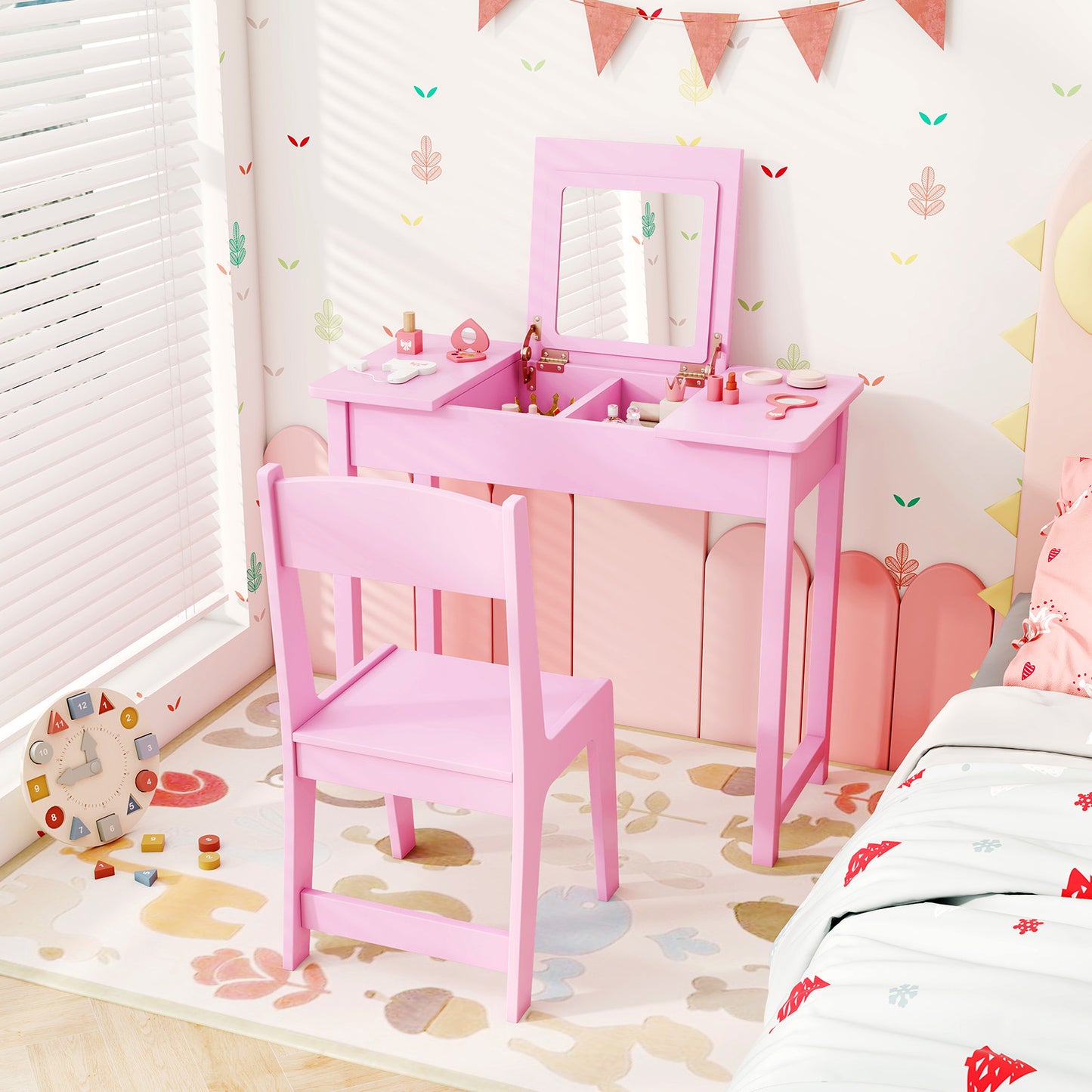 2-in-1 Kids Vanity Makeup Table and Chair Set with Flip Top Mirror-Pink Kids Crystal