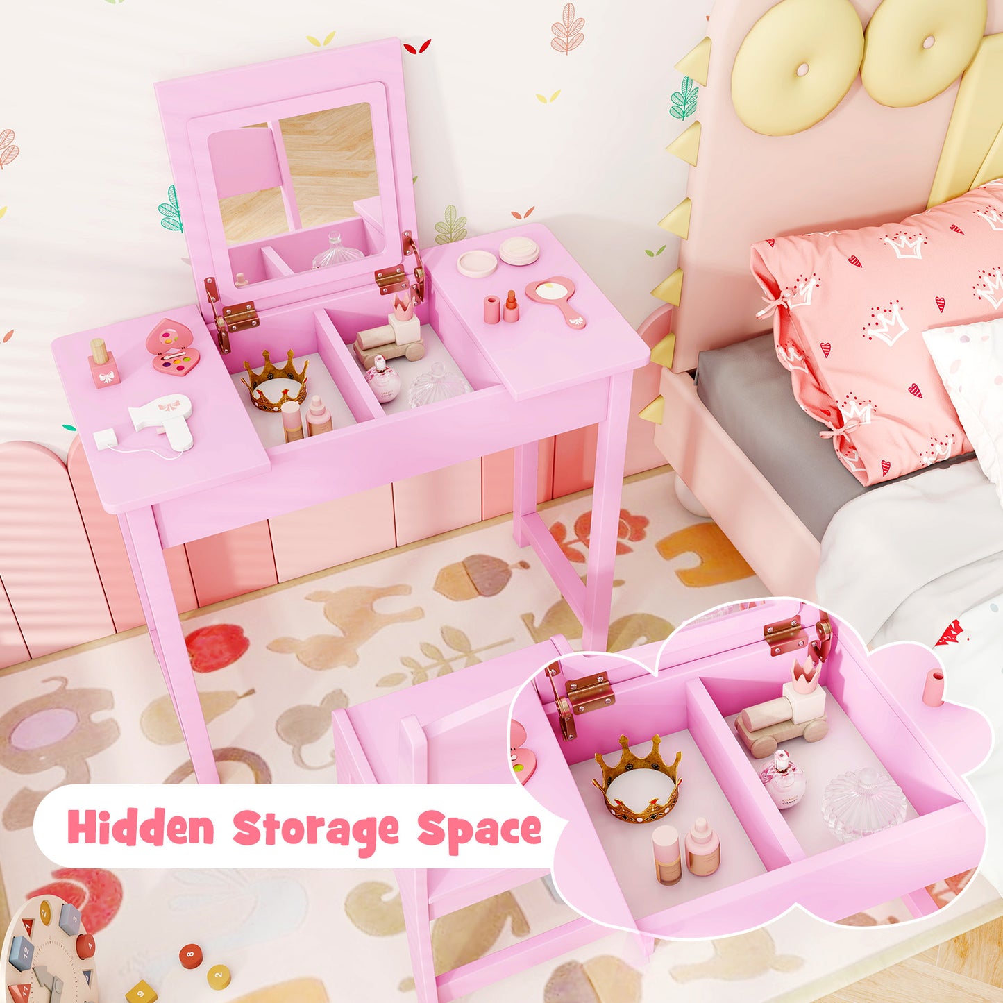 2-in-1 Kids Vanity Makeup Table and Chair Set with Flip Top Mirror-Pink Kids Crystal