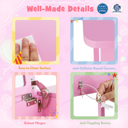 2-in-1 Kids Vanity Makeup Table and Chair Set with Flip Top Mirror-Pink