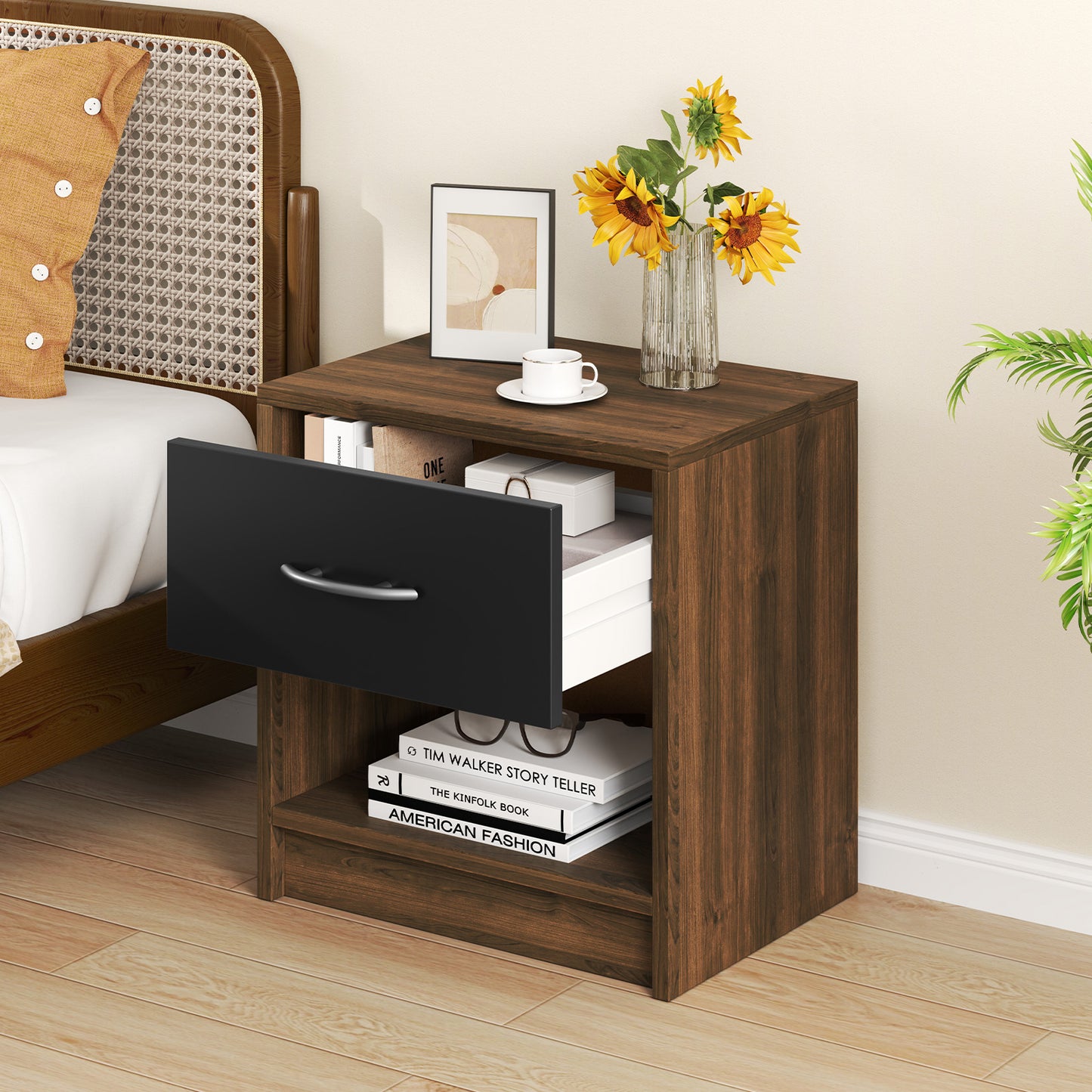 Bedside Table Nightstand with Drawer and Open Storage Shelf-Brown Kids Crystal