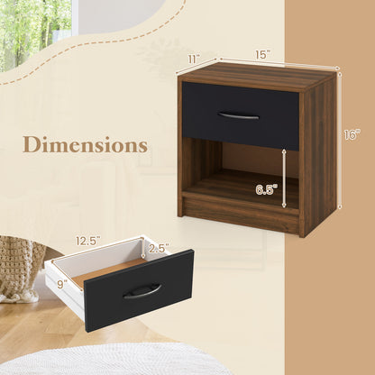 Bedside Table Nightstand with Drawer and Open Storage Shelf-Brown