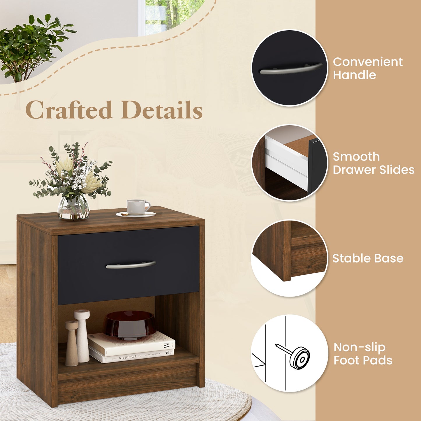 Bedside Table Nightstand with Drawer and Open Storage Shelf-Brown Kids Crystal