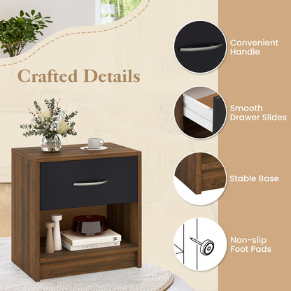 Bedside Table Nightstand with Drawer and Open Storage Shelf-Brown
