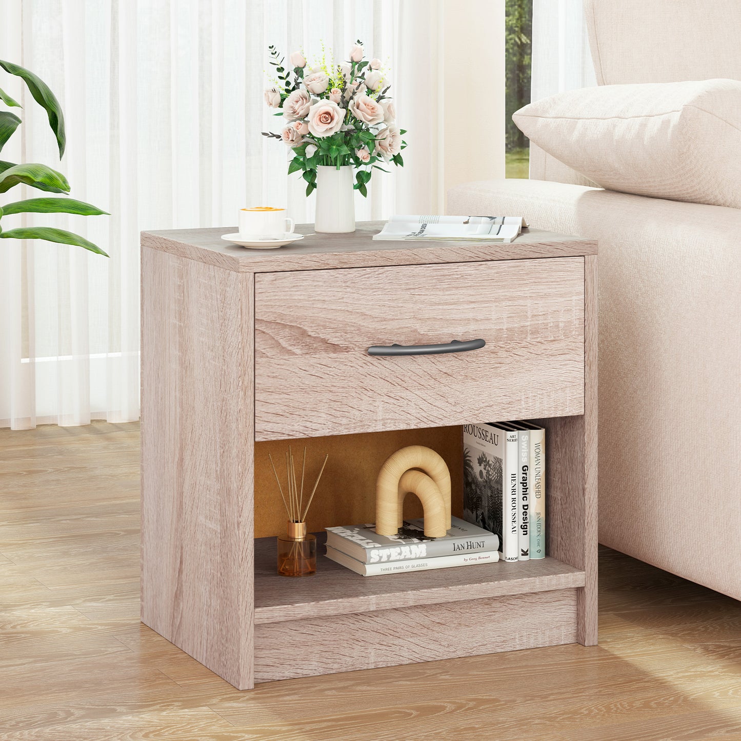 Bedside Table Nightstand with Drawer and Open Storage Shelf-Natural Kids Crystal