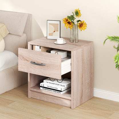 Bedside Table Nightstand with Drawer and Open Storage Shelf-Natural