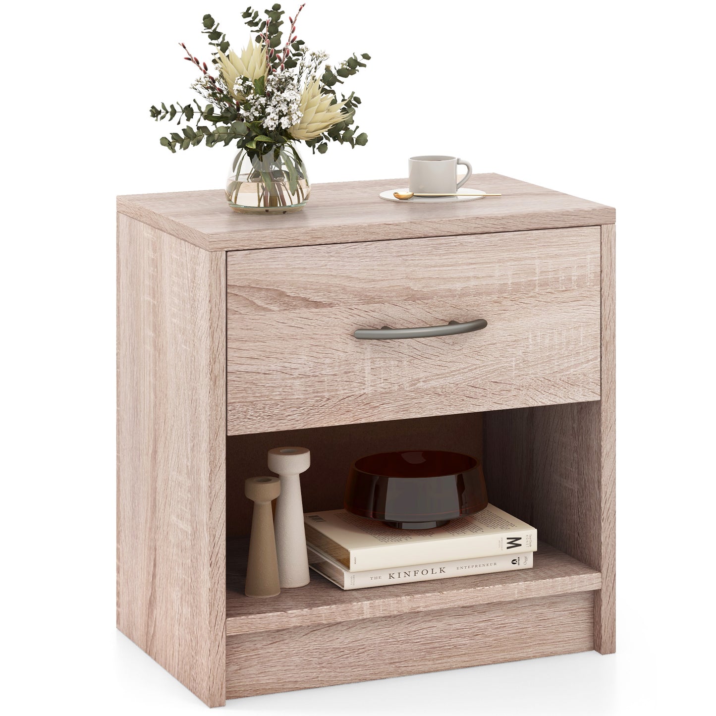 Bedside Table Nightstand with Drawer and Open Storage Shelf-Natural Kids Crystal