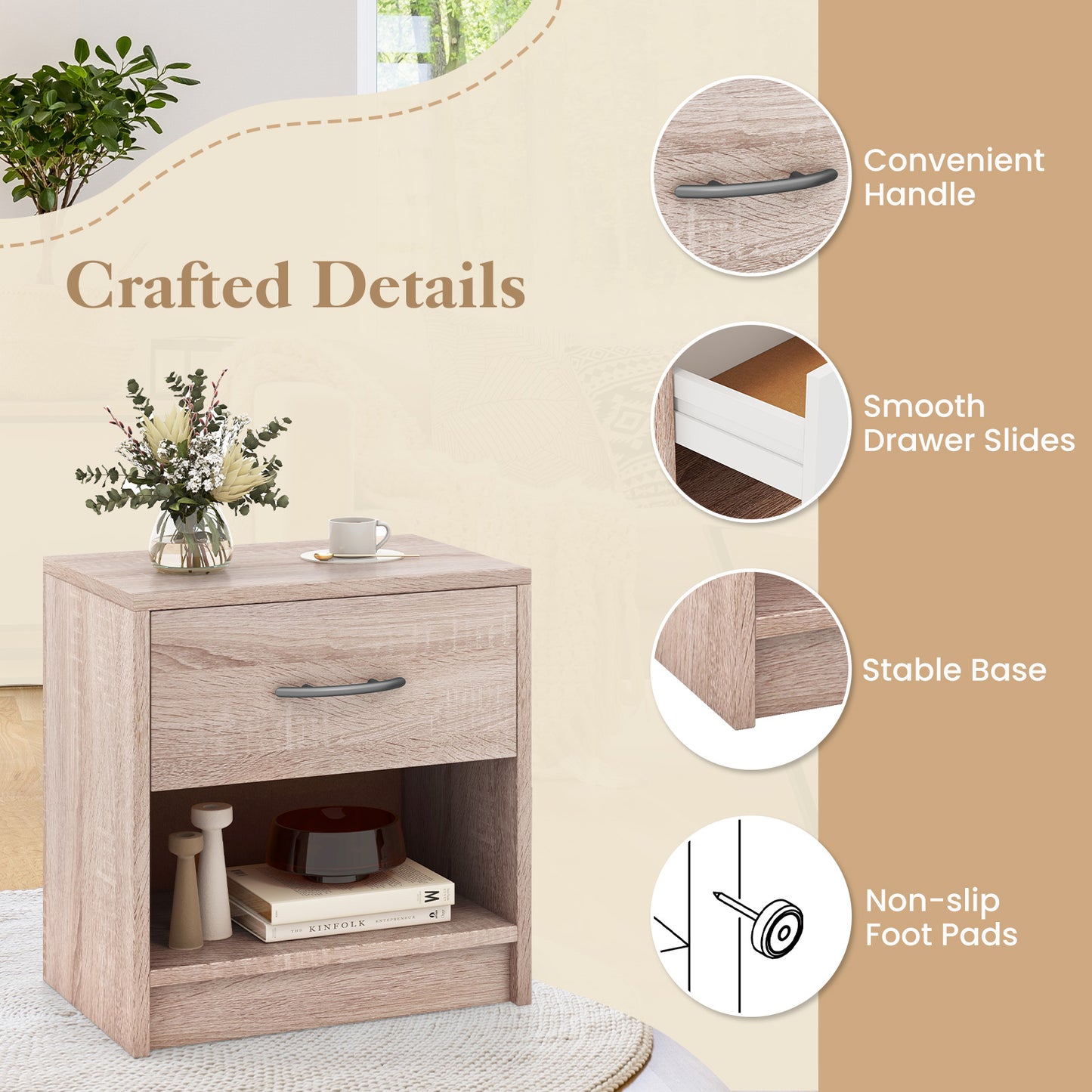 Bedside Table Nightstand with Drawer and Open Storage Shelf-Natural Kids Crystal
