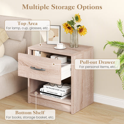 Bedside Table Nightstand with Drawer and Open Storage Shelf-Natural