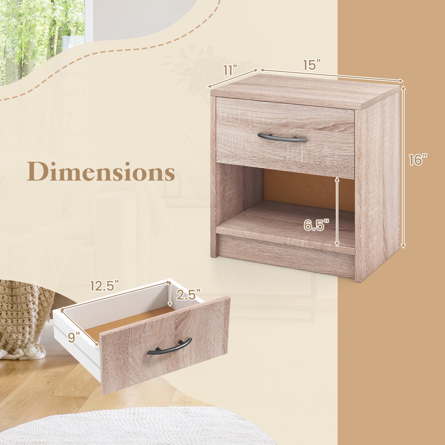 Bedside Table Nightstand with Drawer and Open Storage Shelf-Natural Kids Crystal