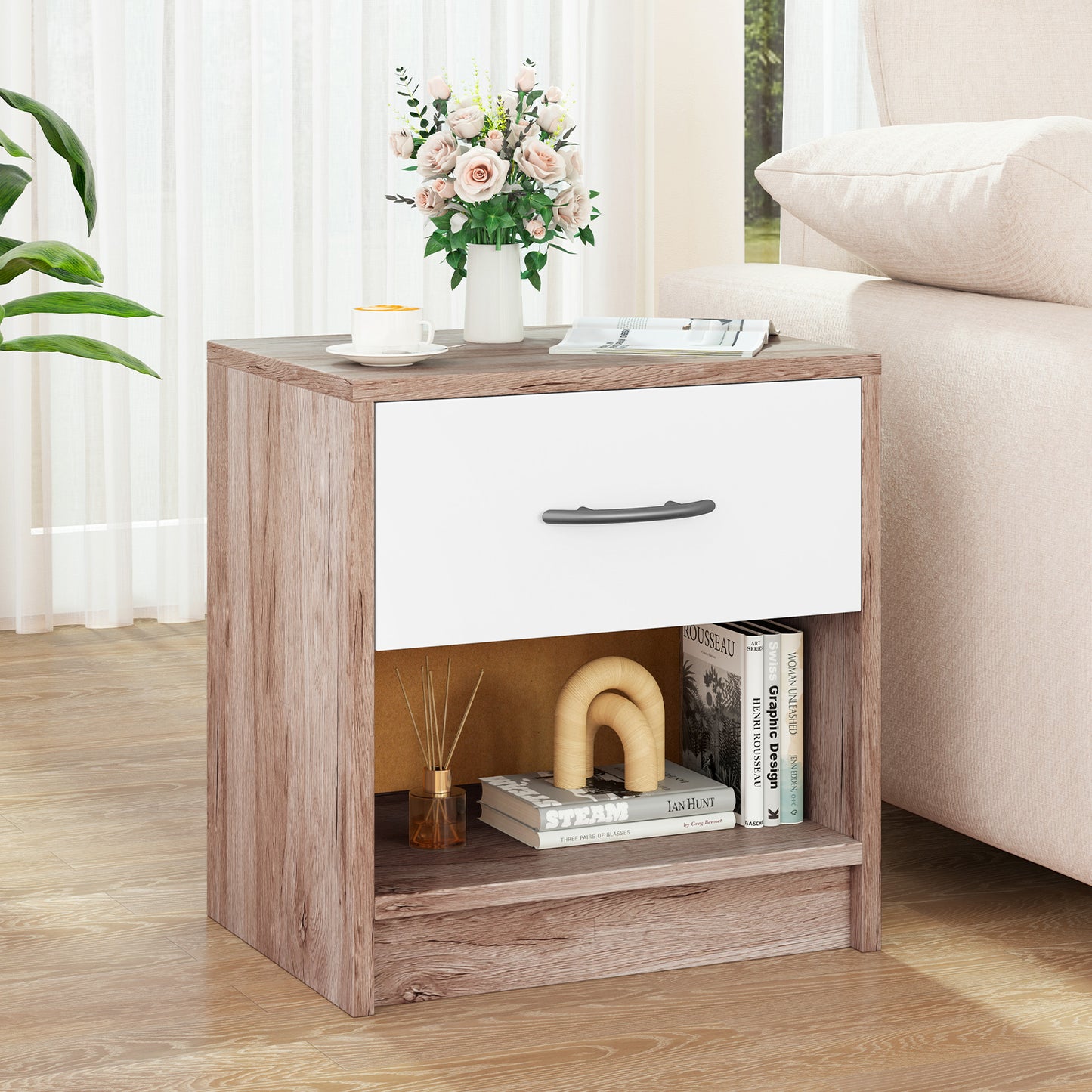 Bedside Table Nightstand with Drawer and Open Storage Shelf-Oak Kids Crystal