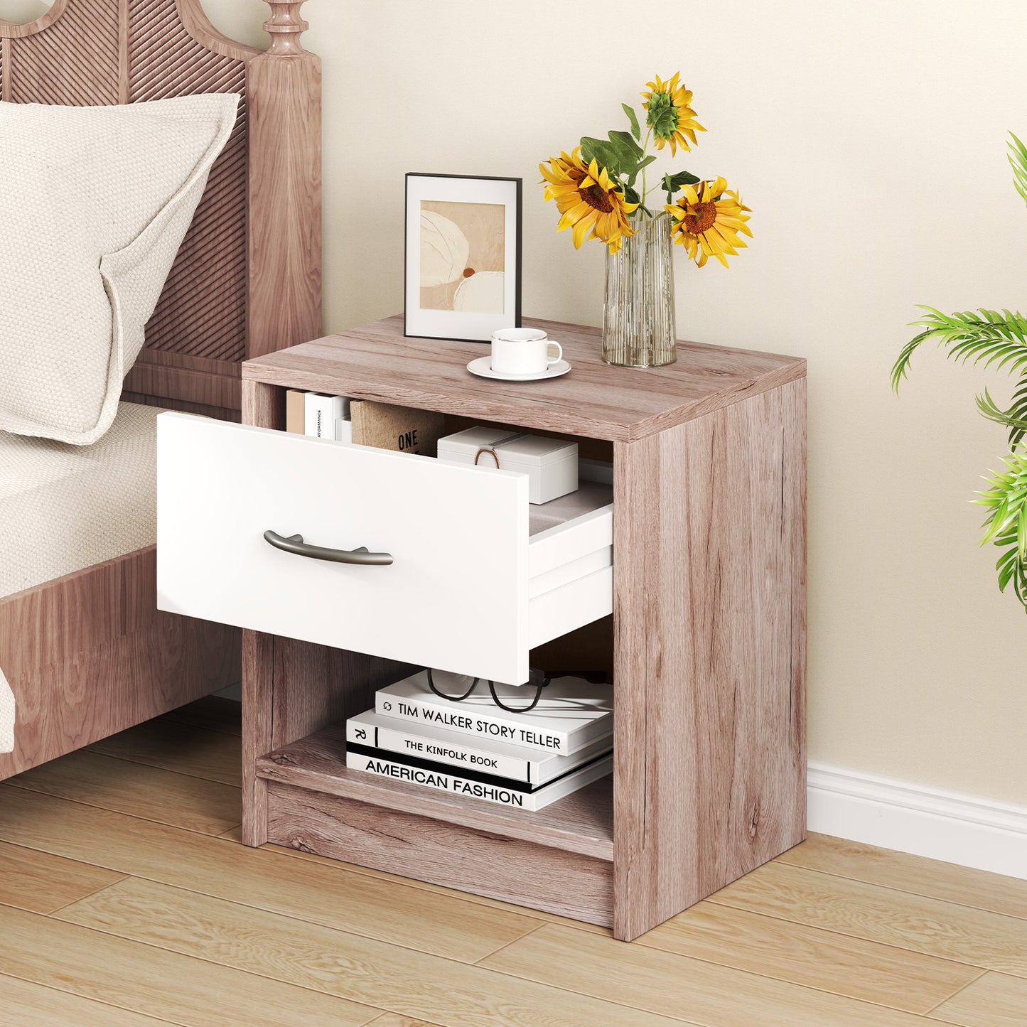 Bedside Table Nightstand with Drawer and Open Storage Shelf-Oak Kids Crystal