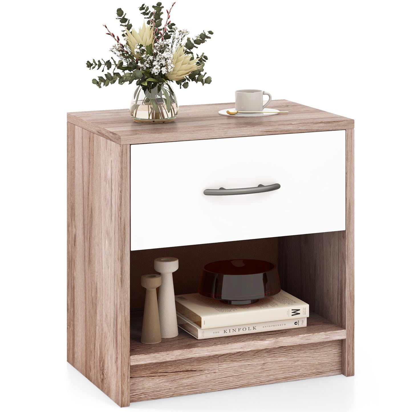 Bedside Table Nightstand with Drawer and Open Storage Shelf-Oak Kids Crystal