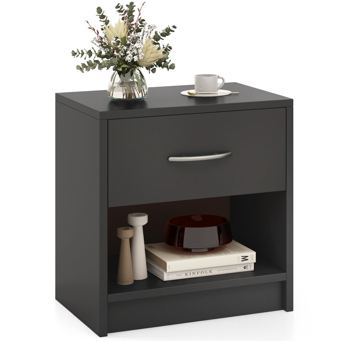 Bedside Table Nightstand with Drawer and Open Storage Shelf-Gray Kids Crystal