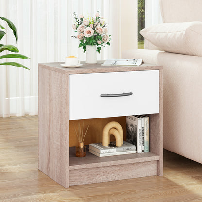 Bedside Table Nightstand with Drawer and Open Storage Shelf-Natural &amp; White