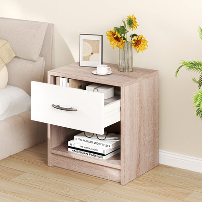 Bedside Table Nightstand with Drawer and Open Storage Shelf-Natural &amp; White