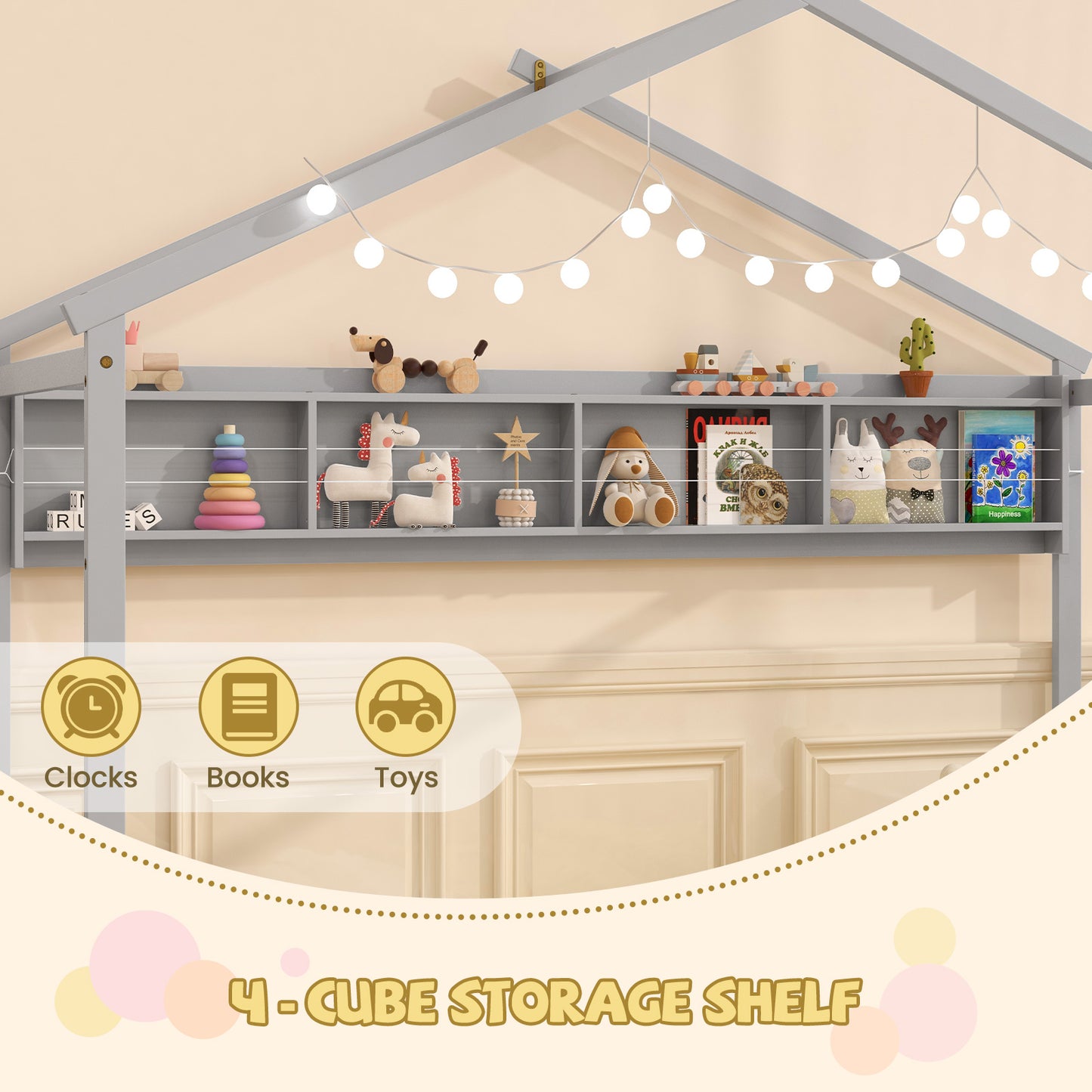 Twin Size House Bed with Storage Shelf and Headboard-Gray Kids Crystal