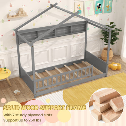 Twin Size House Bed with Storage Shelf and Headboard-Gray