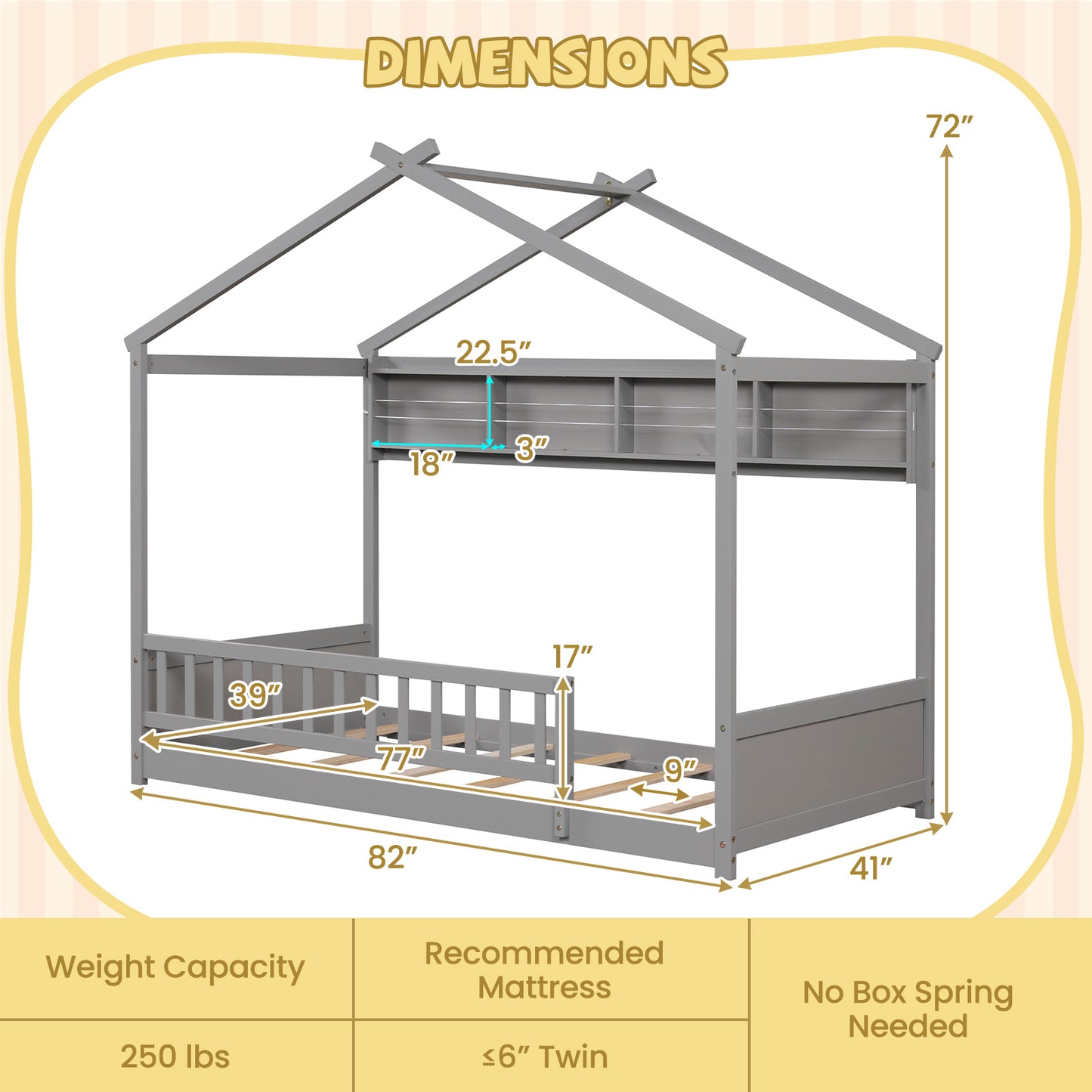 Twin Size House Bed with Storage Shelf and Headboard-Gray Kids Crystal