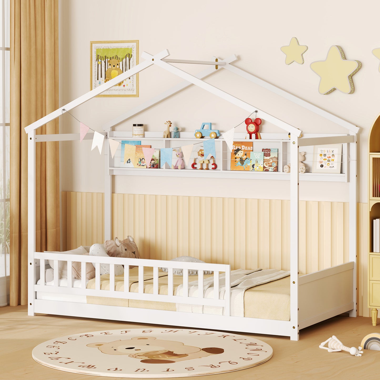 Twin Size House Bed with Storage Shelf and Headboard-White Kids Crystal