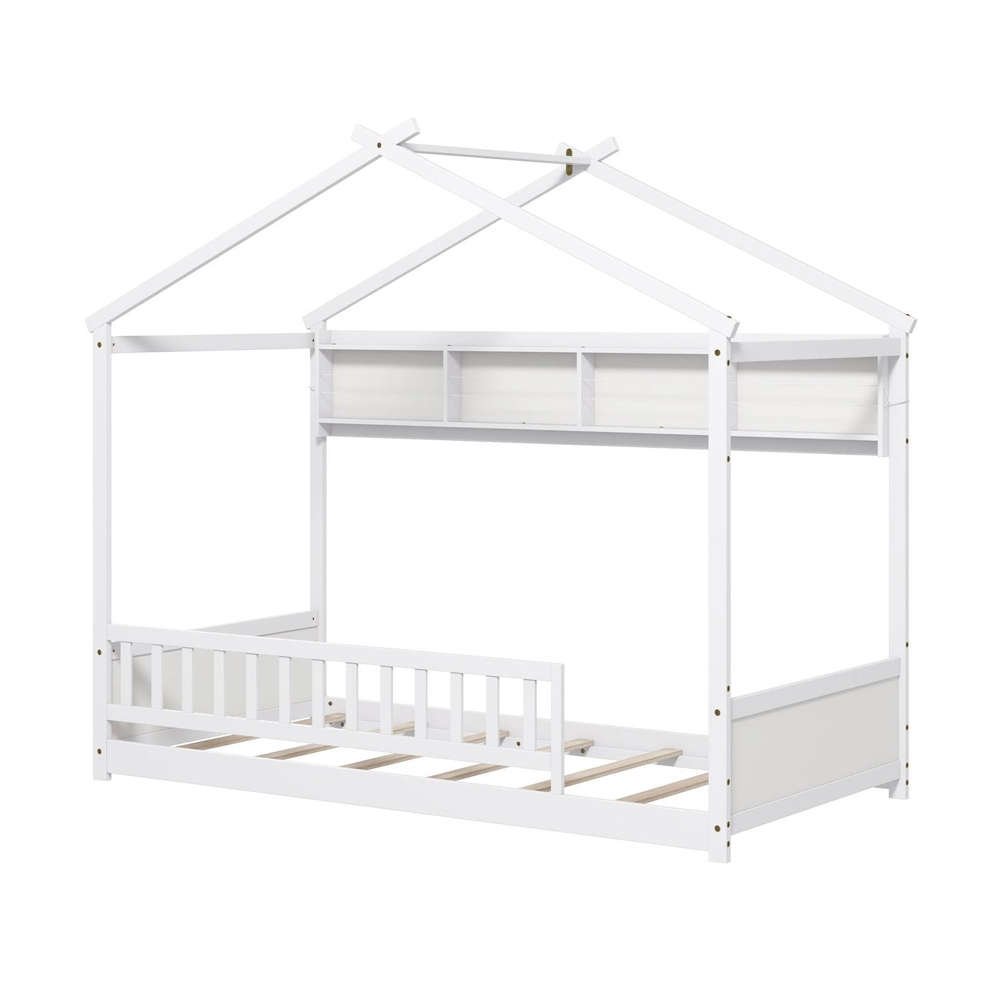 Twin Size House Bed with Storage Shelf and Headboard-White Kids Crystal