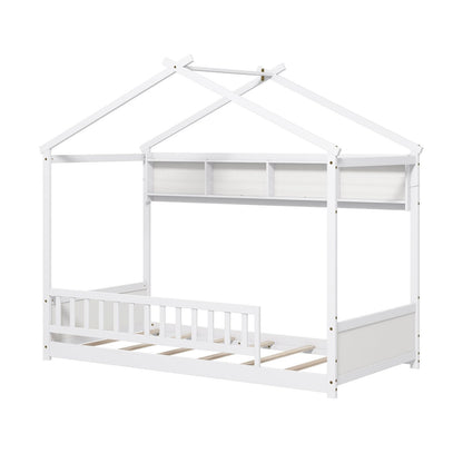 Twin Size House Bed with Storage Shelf and Headboard-White