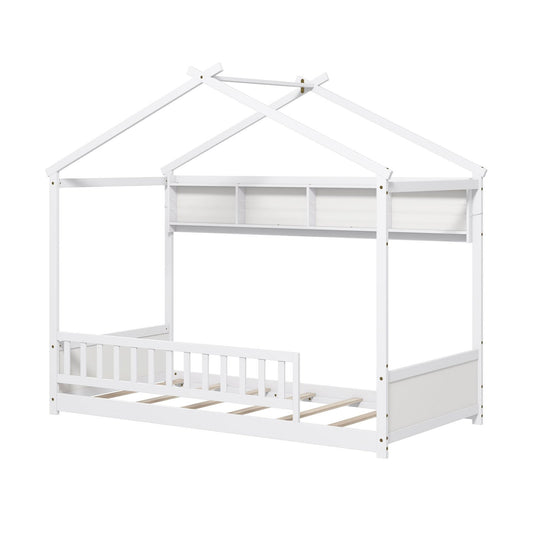 Twin Size House Bed with Storage Shelf and Headboard-White Kids Crystal
