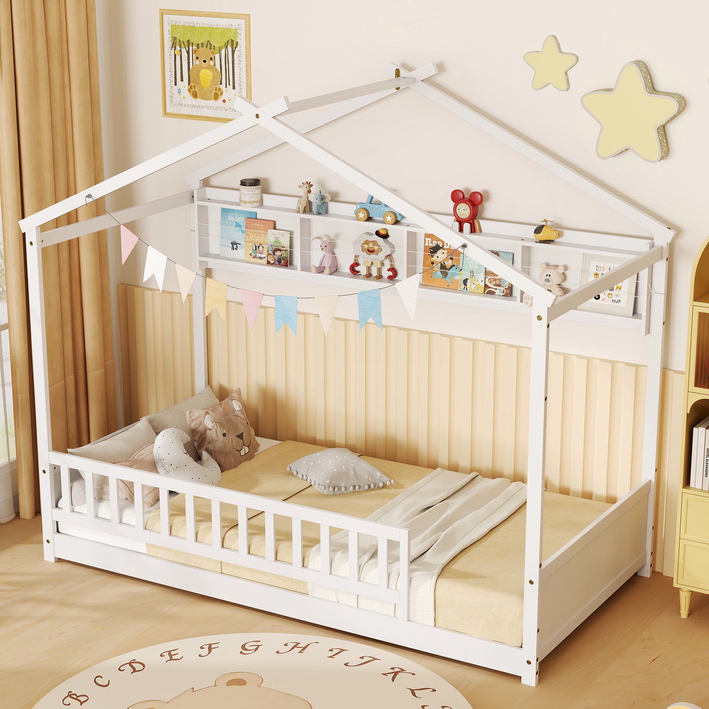 Twin Size House Bed with Storage Shelf and Headboard-White Kids Crystal