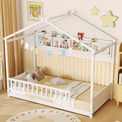 Twin Size House Bed with Storage Shelf and Headboard-White