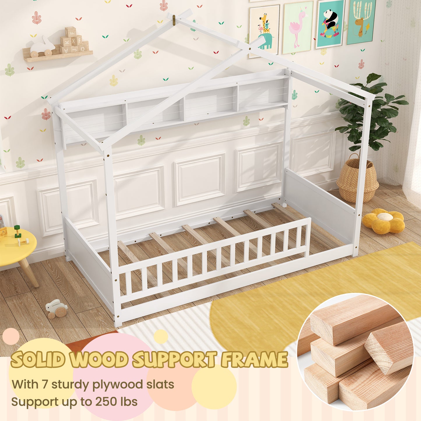 Twin Size House Bed with Storage Shelf and Headboard-White Kids Crystal