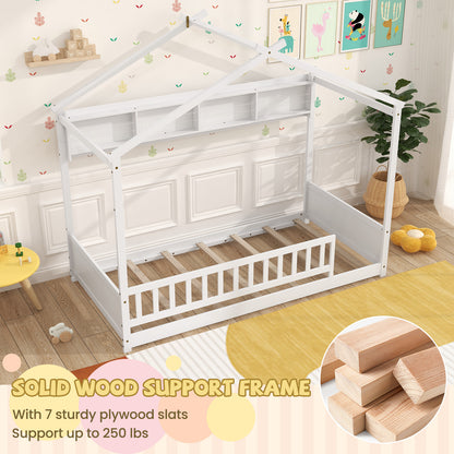 Twin Size House Bed with Storage Shelf and Headboard-White