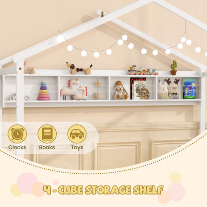 Twin Size House Bed with Storage Shelf and Headboard-White