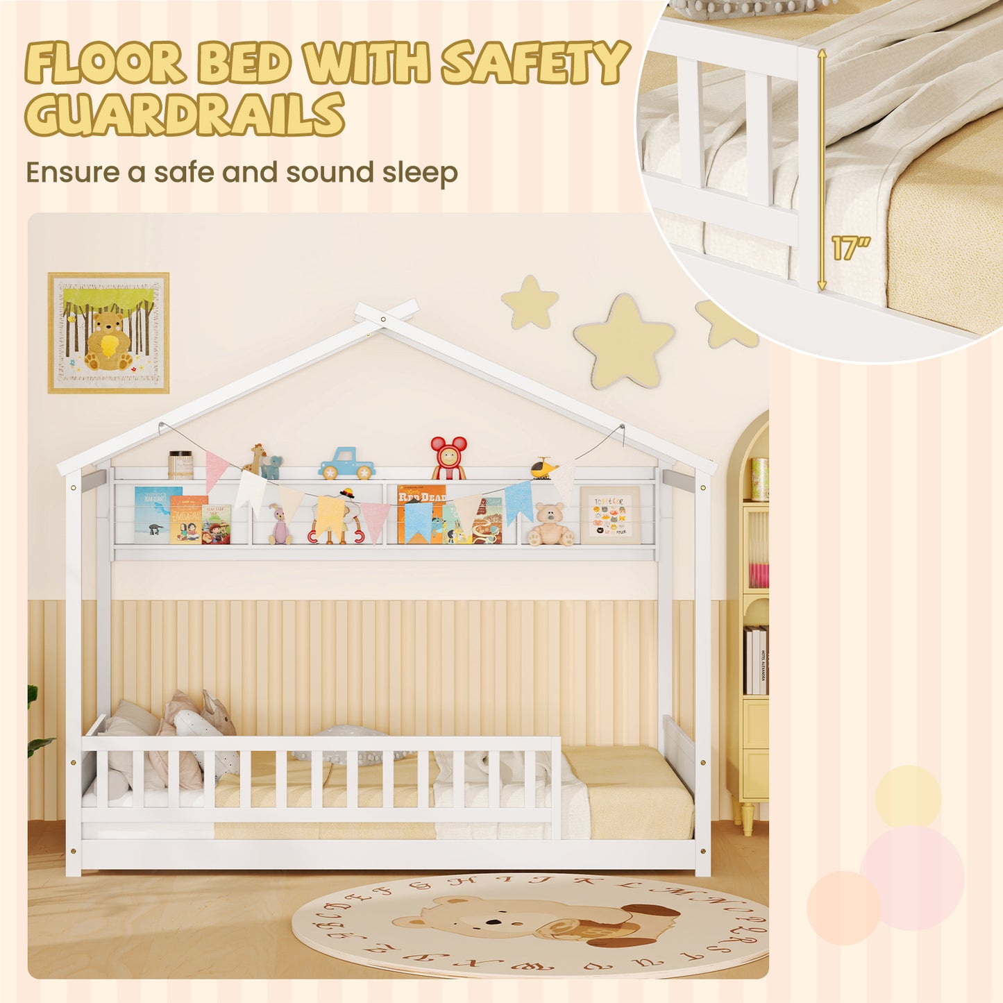 Twin Size House Bed with Storage Shelf and Headboard-White Kids Crystal