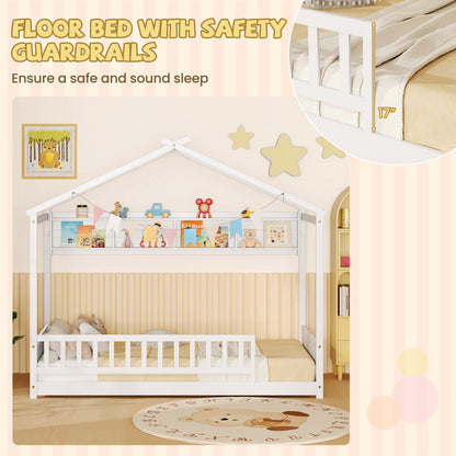 Twin Size House Bed with Storage Shelf and Headboard-White