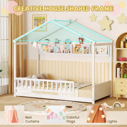 Twin Size House Bed with Storage Shelf and Headboard-White
