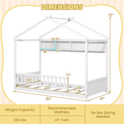 Twin Size House Bed with Storage Shelf and Headboard-White
