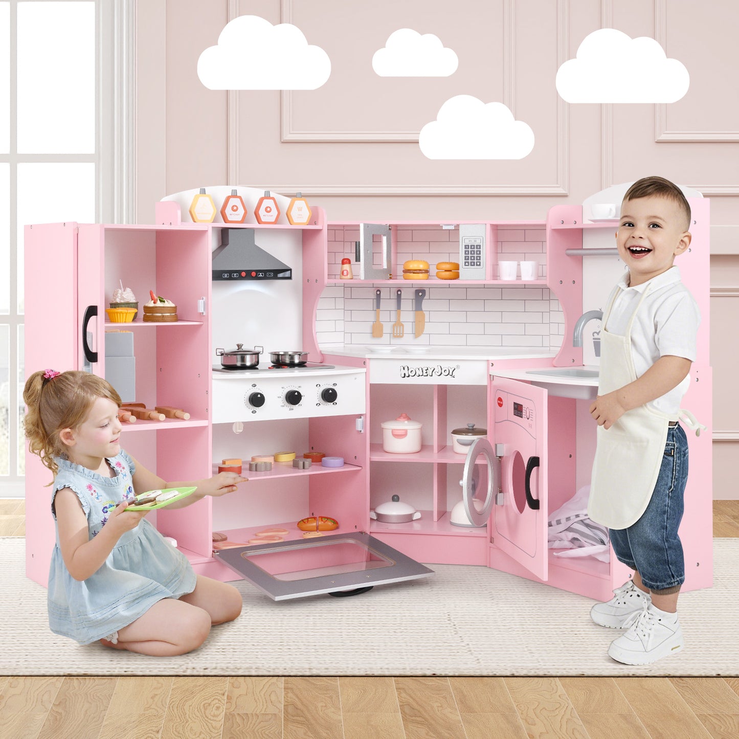 Corner Kids Play Kitchen with Washing Machine and Ice Maker Gift for Boys Girls-Pink Kids Crystal